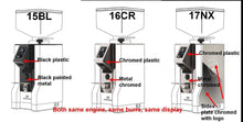Load image into Gallery viewer, Comparison of three Eureka Mignon Specialita coffee grinder models in black, chromed plastic, and chromed metal finishes