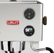 Load image into Gallery viewer, Close-up of Lelit Victoria PL91T espresso machine showing pressure and temperature gauges in stainless steel finish