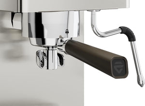 Close-up of Lelit Victoria PL91T espresso machine portafilter and steam wand with stainless steel finish