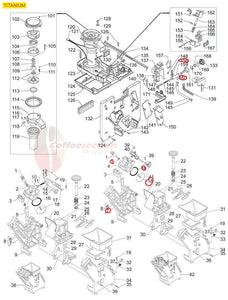 Diagram of Gaggia Titanium repair kit parts for coffee and espresso machine maintenance