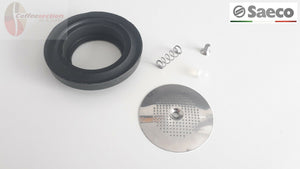 Saeco espresso machine replacement parts including rubber gasket, metal filter, spring, and plastic components